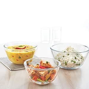 Borosil Select Serving &amp; Mixing Bowl | Set of 3 (500ml + 900ml + 1.3L) | Borosilicate Glass Bowl for Kitchen &amp; Dinning | Multipurpose Bowl for Mixing Dough, Salad, Batter | Microwave &amp; Dishwasher Safe
