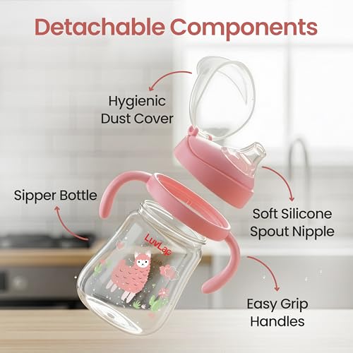 Image of LuvLap Star Anti Spill Spout Sipper for Kids with Twin Handles, 270 ml, Sippy Cups with Soft Silicone Spout and Weighted Straw, Water Bottle for Kids, Non-Toxic & BPA Free (Pink)