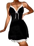 Vrtige Women's Contrast Lace Ruffle Hem Sleeveless Nightdress Chemise Nightgown Sleepwear Black Smal