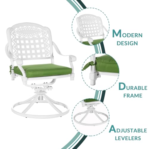 Image of MEETWARM 7-Piece Outdoor Patio Dining Set, All-Weather Cast Aluminum Patio Conversation Set with 6 Cushioned Swivel Rocker Chairs for Backyard Garden Deck, 1 Rectangular Table, White