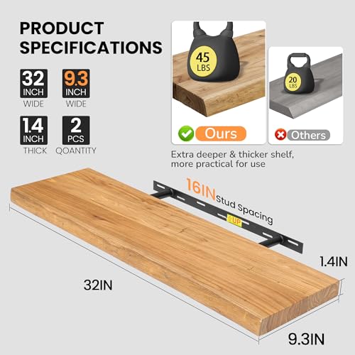 Image of Fun Memories Floating Shelves for Wall, Live Edge 32 inch W x 9.3 inch D x 1.5 inch H Wood Floating Shelf, Set of 2 with Invisible Heavy-Duty Metal Bracket, Deep Floating Shelf for Living Room Kitchen, Natural