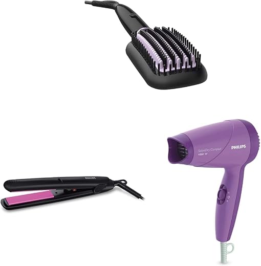 Philips BHH880/10 Hair Straightening Brush With Keratin Infused Bristles (Black) &amp; Philips Essential HP8302/00 Selfie Stra...