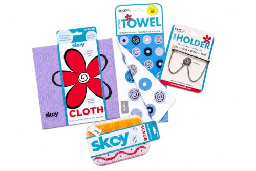 Skoy Cleaning Bundle - Cloth, Scrub, Blue Towel and Sink Holder – Environmentally Friendly, Kitchen & Household Use, Plastic-Free Packaging, Great Gift Idea!