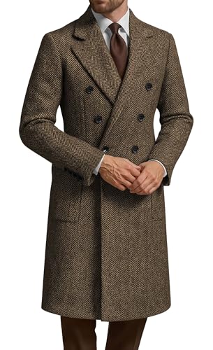 Image of XDIELAN Mens Brown Overcoat Trench Coat for Men Herringbone Pea Coat Double Breasted Classic Brown Herringbone Business Dress Dinner Outdoor Daily Wear Formal Suit Overcoat L Men