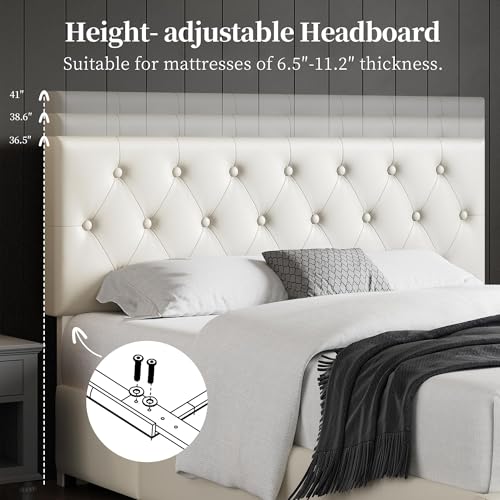 Yaheetech Queen Bed Frame Upholstered Bed Frame with Adjustable Diamond Button-Tufted Headboard/3 Drawers Storage, Queen Platform Bed/Strong Wooden Slats, Beige Queen Bed