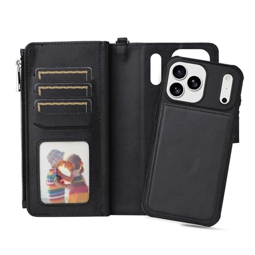 Étui portefeuille iPhone 17 Air noir avec pochette fermeture éclair et rabat