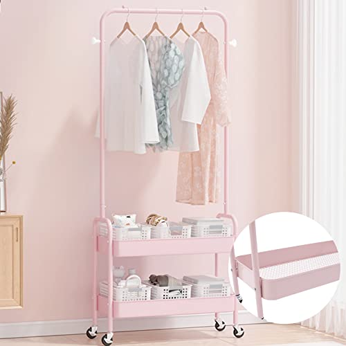 Modern Garment Rack Clothing Stand With 2 Tier Metal Basket And Universal Wheel Square Suit Dress Garment Rack Dress Display Stand Floor Hanger Storage Rack For Home Wedding Clothing Store (Pink) #TOP20