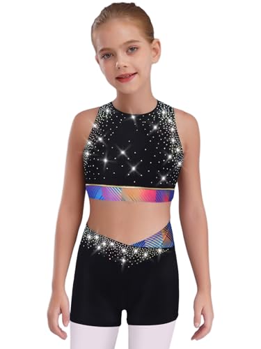 Girls Sparkly 2 Pcs Dance Outfit Rhinestone Sleeveless Crop Top with Shorts Gymnastics Sports Sets