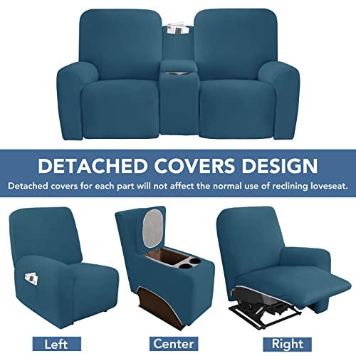 Image of Easy-Going Stretch Recliner Loveseat Cover with Center Console Sofa Slipcover Soft Fitted Fleece 2 Seats Couch with Holder and Storage Washable Furniture Protector Peacock Blue