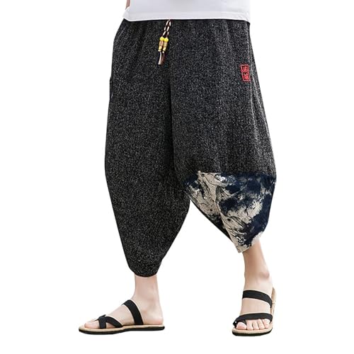 DASONLUE Pantalon court en lin pour homme - Kimono japonais traditionnel - Pantalon de plage - Pantalon sarouel avec poches - Pantalon de loisirs léger avec élastique - Pantalon de jogging - Pantalon