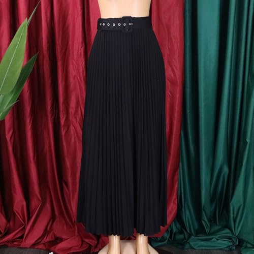 Women's Elegant Pleated Hem Ankle-Length Maxi Skirt High Waist A-line Big Swing Party Cocktail Long Skirts with Belt3