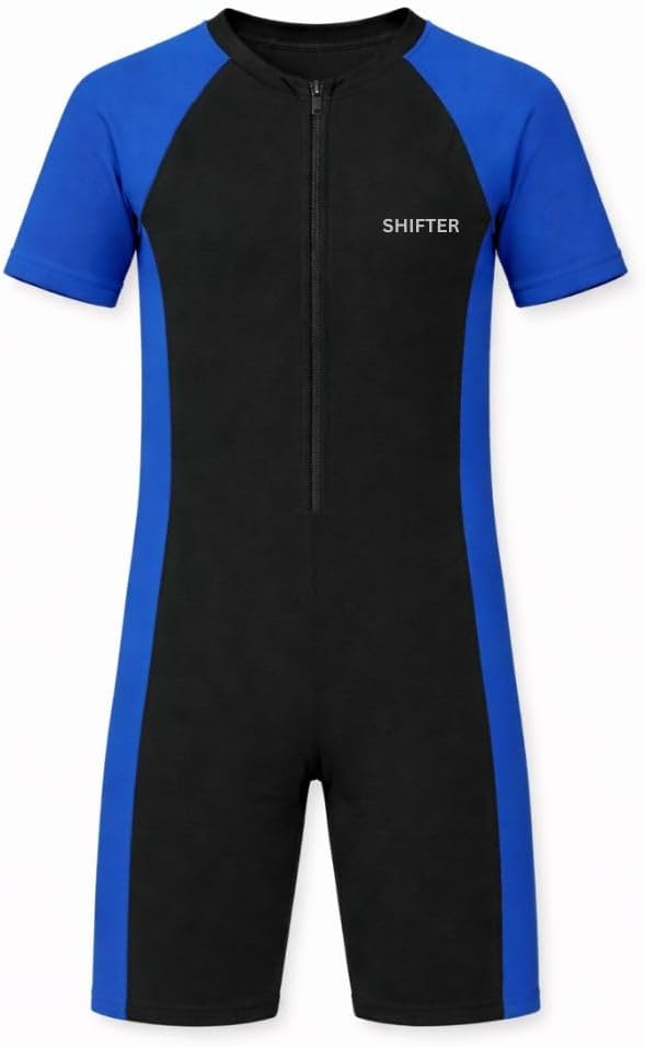 Shifter Unisex Short Sleeve Full Body Swim Suit | Front Zip Swimming Costume | Quick Dry Stretch Fabric | for Swimming, Water Sports & Training
