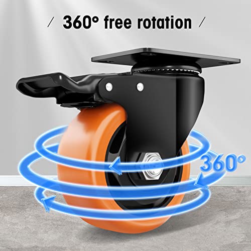 Image of 3 inch Caster Wheels Set of 8, Heavy Duty Casters with Brake, No Noise Locking Casters with Orange Polyurethane (PU) Wheels, Swivel Plate Castors Pack of 8