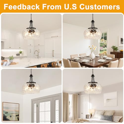 Image of Modern Pendant Lights Kitchen Island, 3-Light Black Pendant Light Fixtures with 14.2 inch Clear Hammered Glass Shade, Industrial Hanging Pendant Lights Fixture for Kitchen Island, Dining Room, Entryway