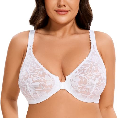 MELENECA Women's Front Closure Plus Size Racerback Stretch Lace Underwire Bra