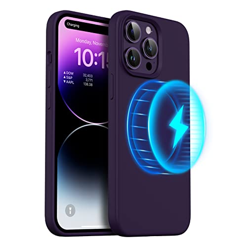 ORNARTO Magnetic Case Compatible for iPhone 14 Pro Max Case [Compatible with MagSafe] [+Screen Protector] Liquid Silicone Gel Rubber Full Body Protective Cover Case 6.7 Inch-Elderberry
