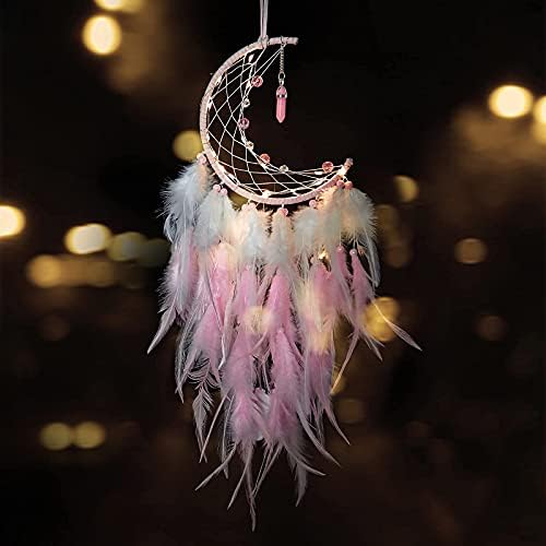 Dremisland Moon Dream Catcher with Fairy Lights Handmade Pink & White Feather Turquoise Pendant Wall Hanging Ornament for Home Bedroom Wall Decoration Craft Gift