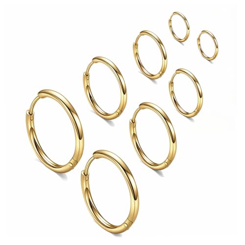 Image of SANNIDHI 4 Pairs Hoops Earrings for Women Men Stylish Gold Stainless Steel Hoop Earrings 8mm /10mm /12mm /14mm Hoop Ear Rings Fashion Couple Jewellery Earrings set Birthday Gift for Men Women Girls