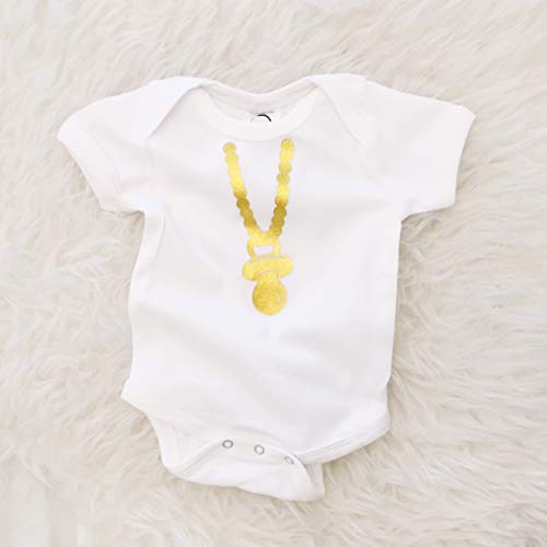 The Spunky Stork Baby Gold Chain Bling Pacifier Organic Newborn Bodysuit (6-12M) #TOP3