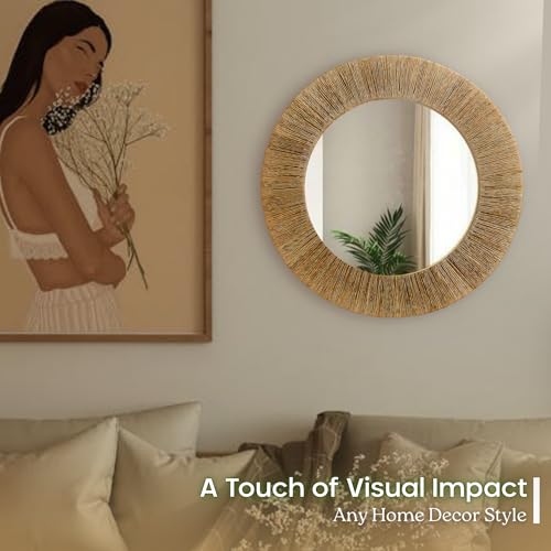 Chi An Home 24 Inch Jute Mirror, Large Coastal Boho Round Mirror with Rustic Natural Jute Frame, Farmhouse Wall Decor Accent Handwoven for Bathroom, Bedroom, Living Room, or Entryway - Image 8