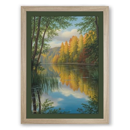 Image of Autumn River Reflection Scandinavian Framed Wall Art Print A3 (42×29.7cm) Oak, Wall Decor for Living Room, Bedroom, Office & Home, Ready to Hang, Art Gift