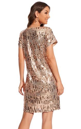 Image of Women's Crewneck Sequin Shift Dress Short Sleeve Casual Holiday Sparkly Party Dress