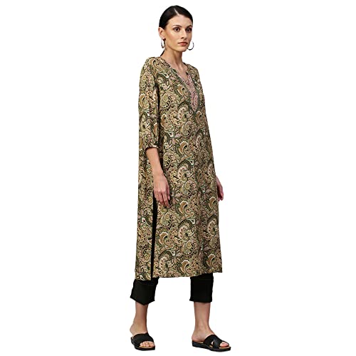 Image of Chemistry Women's Elegant Viscose Round Neck Paisley Printed Kurta | Regular Ethic Wear | Soft and Flowy Texture | Classic and Timeless Appeal with Three-Quarter Sleeves | Versatile for Casual Outings, Festive Occasions, OfficeWear |Olive Green