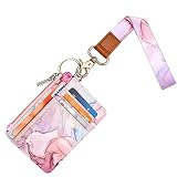 WAVEYU Cute Wrist Lanyard with ID Card Holder for Women Girls, Hand Wristlet Lanyards for Keys with Wallet ID Badge Holder with 6 Card Slots, 1 ID Window, 1 Zipper Pocket, Pink Marble