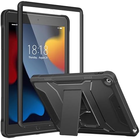 DTTO for iPad 9th/8th/7th Generation 10.2 Inch Case 2021/2020/2019, Built-in Screen Protector, Durable Shockproof Full Body Protective Cover with Kickstand for iPad 10.2", Black Cover