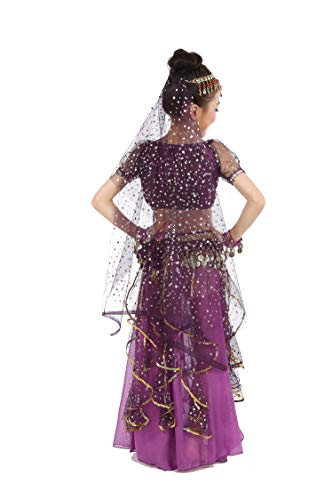 Girls Belly Dance Top Skirt Set Halloween Costume With Head Veil,Waist Chain Purple #TOP2