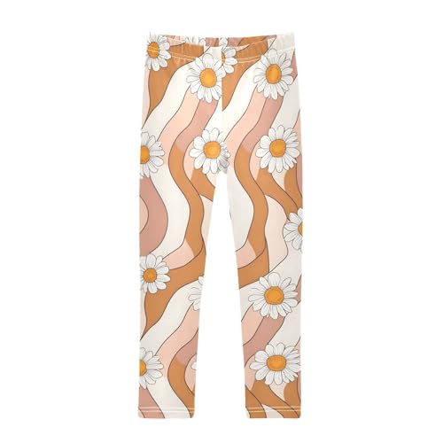 ALAZA Girls' Leggings Children's Yoga Pants Skinny Printed Dance Orange White Striped Daisy Comfortable 4T