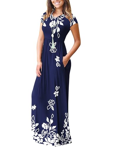 Image of MISFAY Women's Short Sleeve Maxi Dresses Long Casual Dresses with Pockets | Empire Elastic Waist, Crew Neck, Floor Length, Strentchy Flowy A Line Fit, Loose Plain Summer Outfits, Vacation Wear