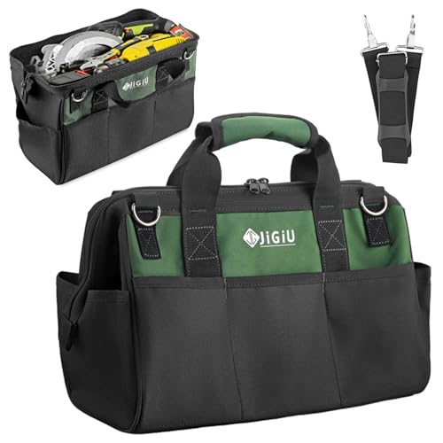 JiGiU Tool Bag Large Tool Storage Bag Multifunctional Organiser for Hand Tools with Shoulder Strap Large Capacity 14-Pockets Waterproof Hard Base Tool Organiser Wide Open Mouth Bag