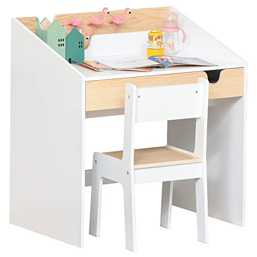 HOMCOM Escritorio para Niños con Silla de 3 a 6 Años Pupitre Infantil de 2 Piezas con Cajón y Estantes de Libros Escritorio Infantil para Estudio Dormitorio Blanco y Natural