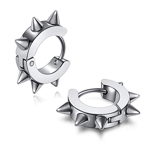 Jovivi Bundle - 3 Pairs Men Women Jewelry Stainless Steel Huggie Hoop Spike Punk Earring + 2Pairs 16G Stainless Steel Fake Lip Ear Nose Stud Ring Clip On Cartilage Non Piercing Rings Hoop Gothic #TOP3