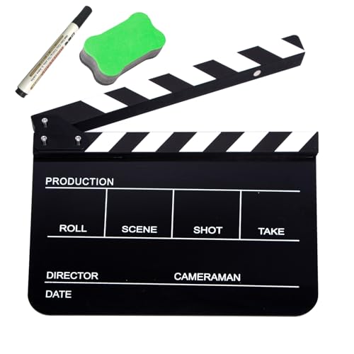 BOLLUMA Acrylic Plastic Director's Film Clapboard, Easy Wipe Cut Action Scene Clapper Board Slate with Pen and Blackboard Eraser for Movies, Videos, TV Shows, Studio Live, Party, Black
