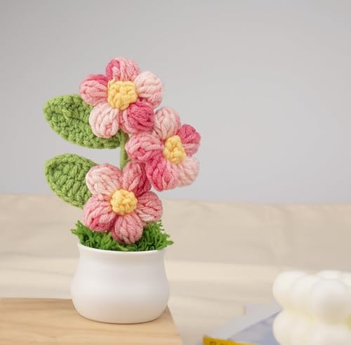 Image of VRB Dec Plastic TM 1 Pcs Crochet Flowers Artificial Daisy for Office Desk Car Dashboard Decor,Home Decoration, Office, Bedroom, Christmas Decor, Wedding,Diwali. (Triple Pink Daisy with Pot)