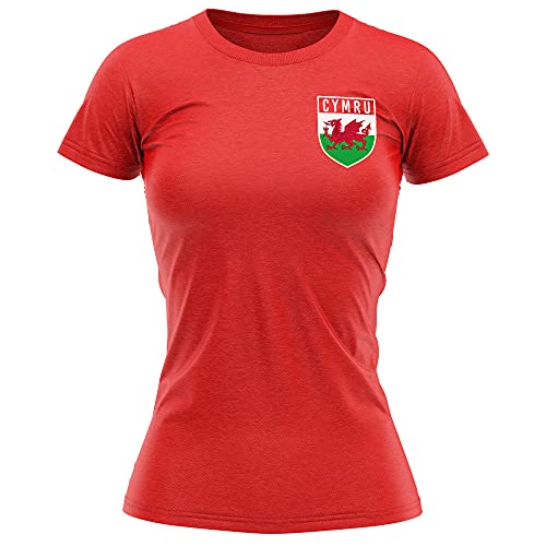 Purple Print House Womens Cymru Shirt - Womens Cymru Flag Badge Retro T Shirt - Football Country European 2021 Supporters Gifts for Her - 2020 Wales Welsh Tournament Footy Soccer Top, M, Red