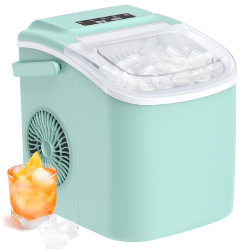 Silonn Countertop Ice Maker, 9 Cubes Ready in 6 Mins, 26lbs in 24Hrs, Self-Cleaning Ice Machine with Ice Scoop and Basket, 2 Sizes of Bullet Ice for Home Kitchen Office Bar Party, Green by Silonn - Used condition - US$53.17