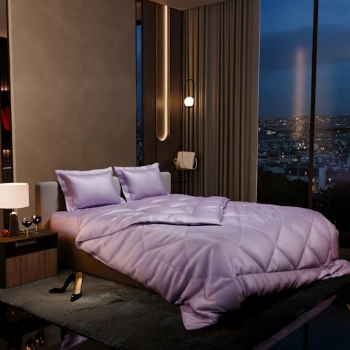 Image of Stoa Paris Satin Comforter Set Double Bed with Satin Bedsheet & Pillow Covers, 300TC Complete Bedding Set, Ideal Gifts for Women, Couples, Bedroom Home Furnishing, Date Night - Lilac Affair