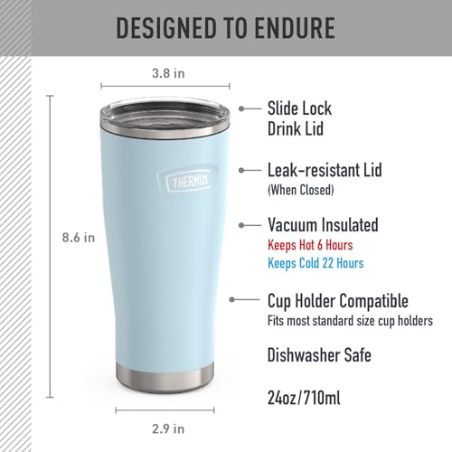 Image of THERMOS Icon Series 24oz Stainless Steel Tumbler with Slide Lock Lid, Leakproof, Fits Cupholder, Dishwasher Safe, Griptec Non‑Slip Base, Keeps Drinks Hot 6 Hrs /Cold 22 Hrs, Glacier