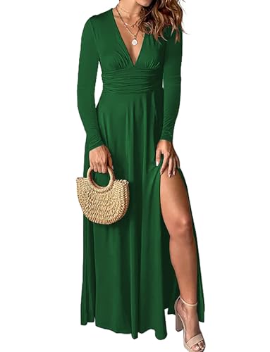 Yuopeid Winter Long Sleeve Sexy High Split Long Dress for Women Wrap Deep V Neck Fashion Ruched Waist Formal Prom Party Gown Maxi Dress Green L