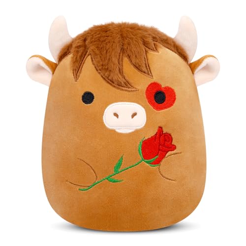 MUFEIRUO Highland Cow Plush,Valentines Day Heart Stuffed Animals Cow Plush with Embroidered Rose,Valentine Day Party Favors,Valentines Gifts for Him Her Girls Boys