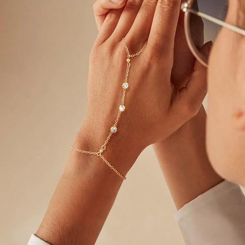 Hand Chain 18K Gold Plated Stainless Steel Non Tarnish Link with Finger Ring Bracelet Stacks Summer Waterproof Jewelry Handchain Slave Bracelets for Women2