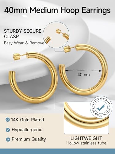 Image of Stainless Steel Chunky Hoop Earrings For Women, Minimalist and Chic, Black /Gold Plated, Round Hoops Earrings Hypoallergenic, Size: 30mm /40mm /60mm /80mm, Come with Box
