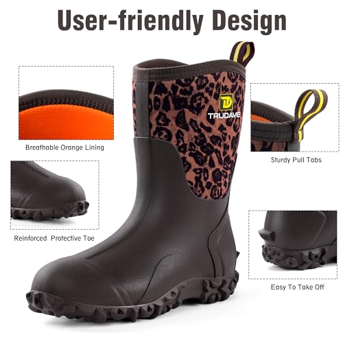 Image of Trudave Rubber Boots for Women with Steel Shank, 6mm Neoprene Mid Calf Rain Boots, Waterproof Insulated Mud Work Boots All Season, Size 5-11