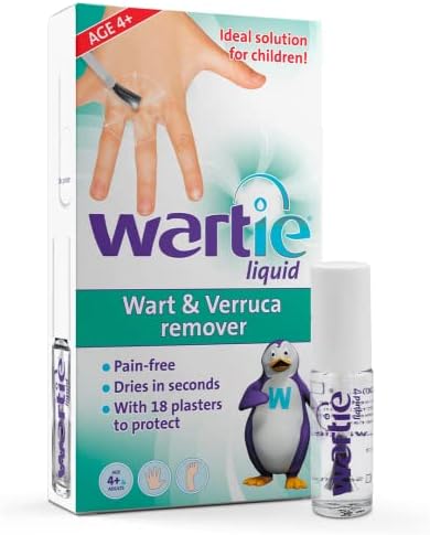 Wartie Liquid Verruca and Wart Remover - Safe For Adults and Children Aged 4+ - Fast Acting Wart and Verruca Treatment For Hands and Feet - Fast Drying With 18 Protective Plasters Included