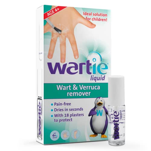 Wartie Liquid Verruca and Wart Remover - Safe For Adults and Children Aged 4+ - Fast Acting Wart and Verruca Treatment For Hands and Feet - Fast Drying With 18 Protective Plasters Included