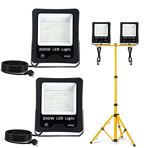 Froadp 2x200W Projecteur à LED Avec Trépied Lampe de Travail en Aluminium Avec Cordon D'alimentation 3m et Prise UE Projecteur de Chantier Avec Protection Contre la Foudre Etanche IP66 (Blanc Froid)