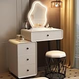 Espejo de tocador con luces, mesa de maquillaje de estilo rústico con 3 modos de iluminación, brillo ajustable, cajones espaciosos, taburete de almacenamiento, ideal para mujeres y niñas